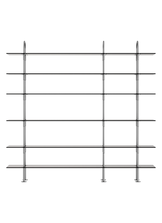 GUBI Keen Shelving System, six 208 cm shelves in satin stainless steel and smoked tempered glass, front view