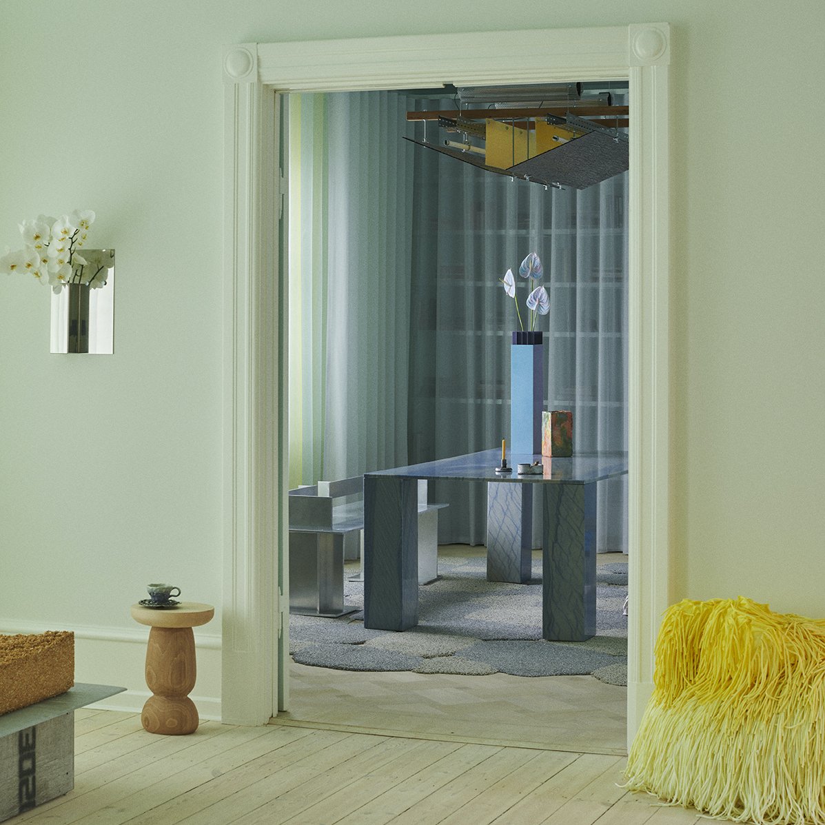 Tableau Copenhagen spatial installation with sculptural furniture, flowers and colour