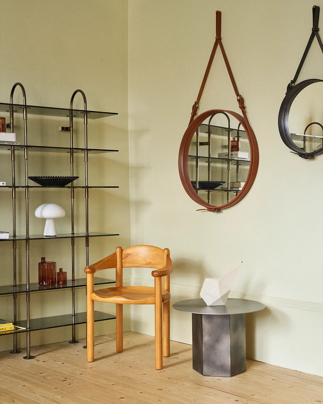 Adnet Wall Mirror, Circular by GUBI shown in an interior setting, view 2