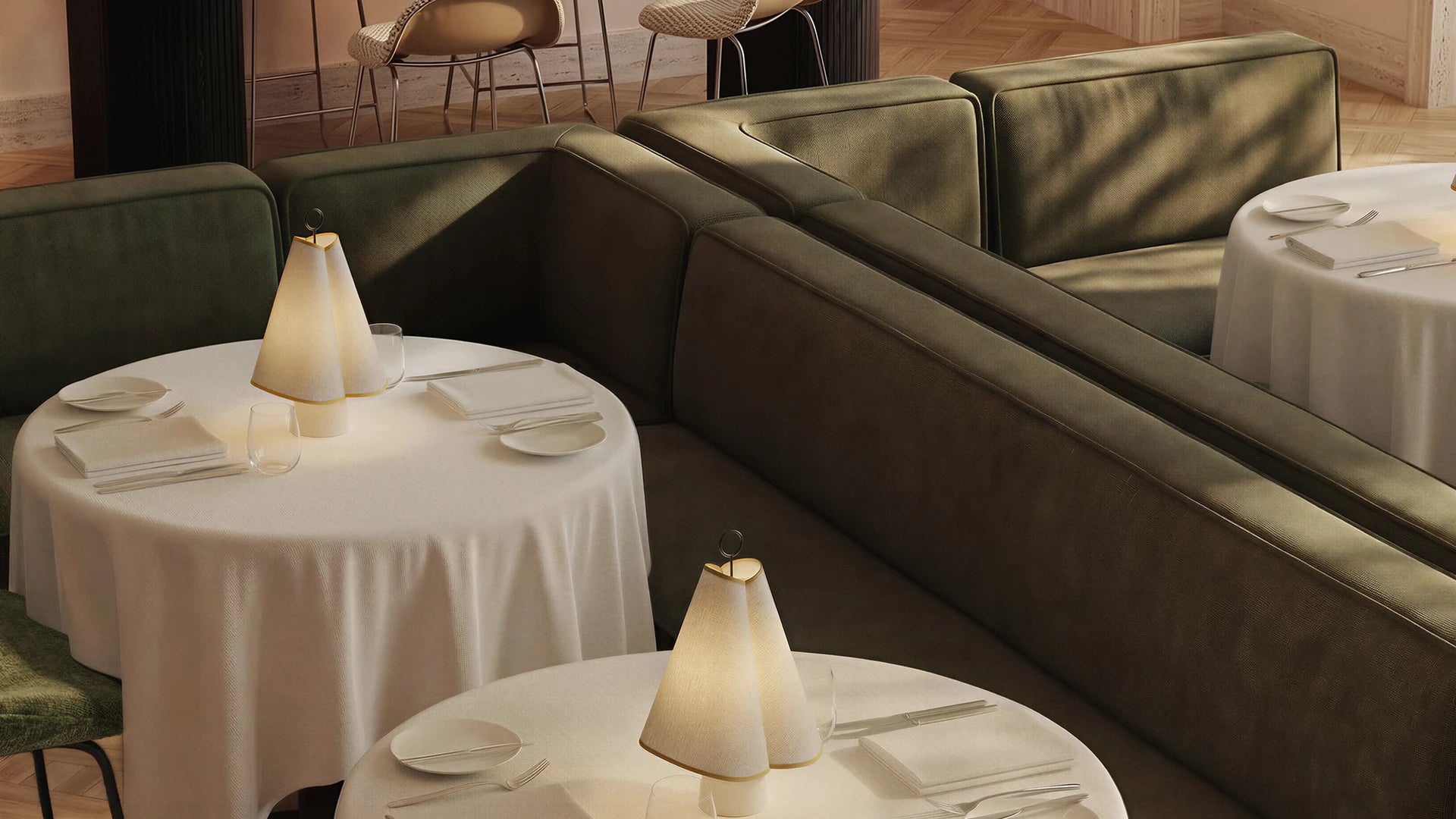 Modern Line Dining Sofa by GUBI shown in an interior setting