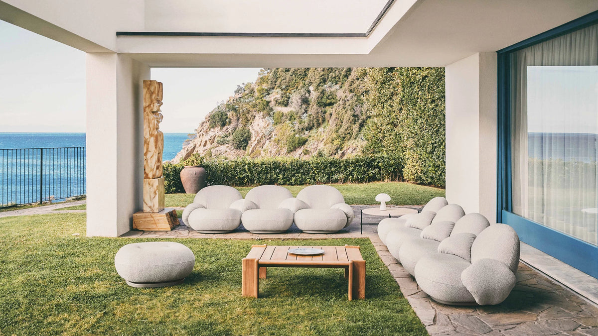 Pacha Outdoor Ottoman Cover by GUBI shown in an interior setting