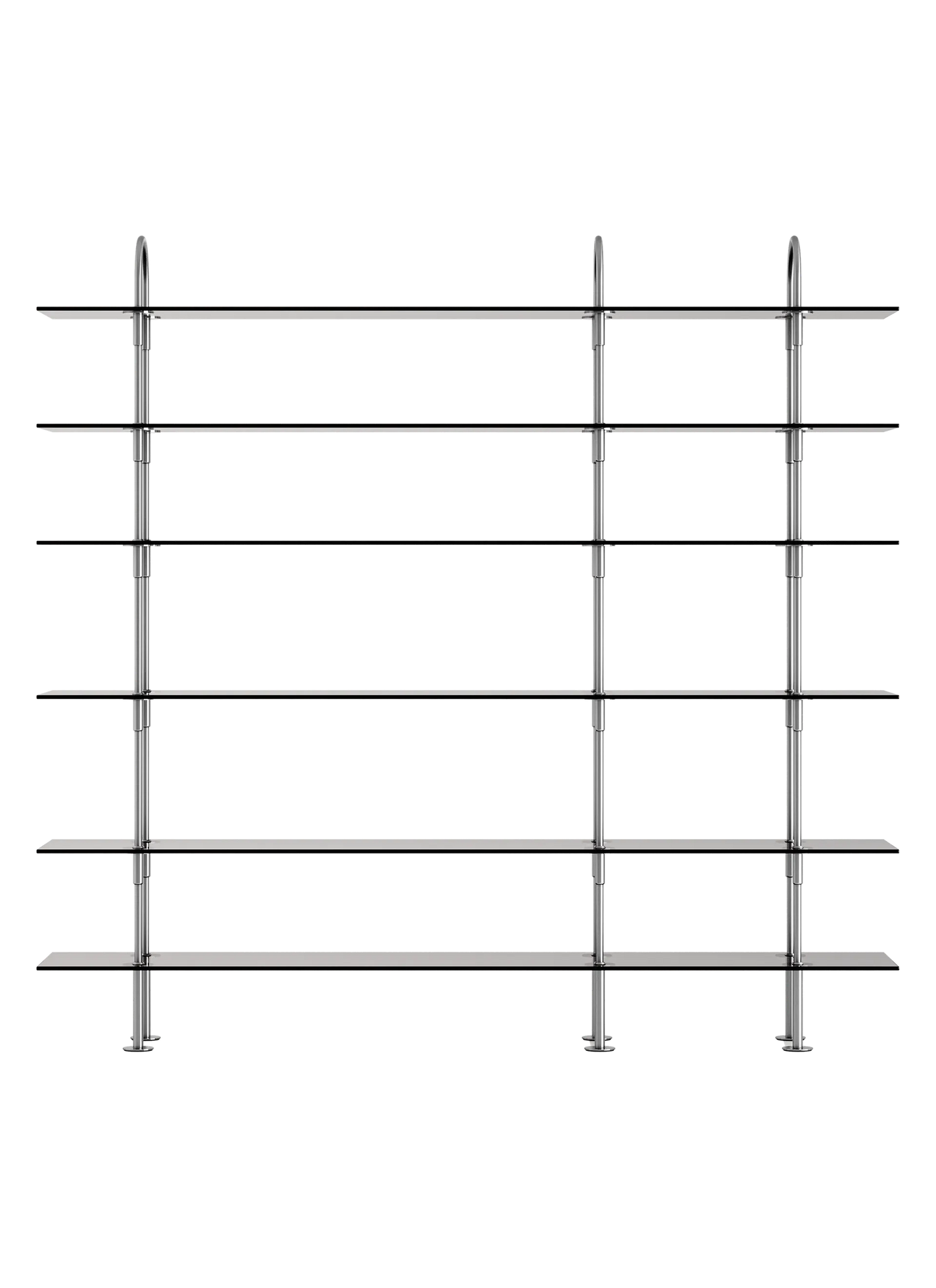 GUBI Keen Shelving System, six 208 cm shelves in satin stainless steel and smoked tempered glass, front view