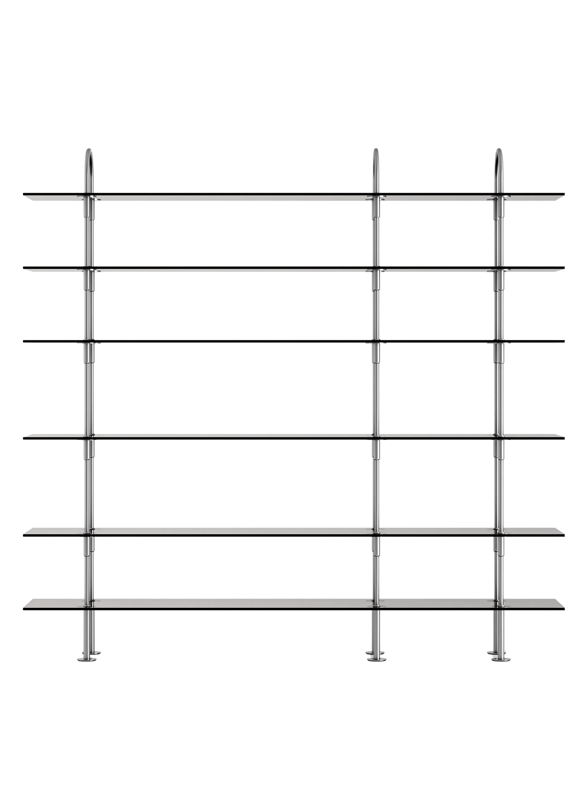 GUBI Keen Shelving System, six 208 cm shelves in satin stainless steel and smoked tempered glass, front view