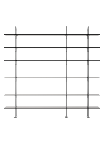 GUBI Keen Shelving System, six 208 cm shelves in satin stainless steel and smoked tempered glass, front view