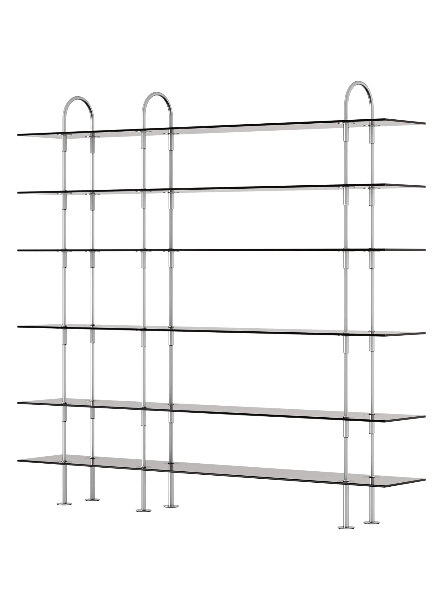GUBI Keen Shelving System, six 208 cm shelves in satin stainless steel and smoked tempered glass, three-quarter view