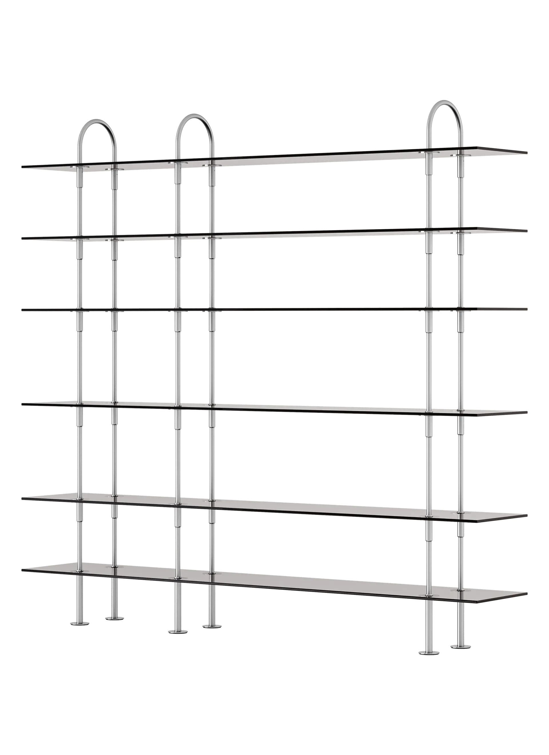 GUBI Keen Shelving System, six 208 cm shelves in satin stainless steel and smoked tempered glass, three-quarter view