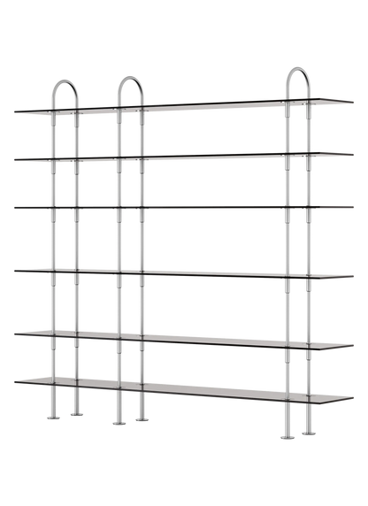 GUBI Keen Shelving System, six 208 cm shelves in satin stainless steel and smoked tempered glass, three-quarter view