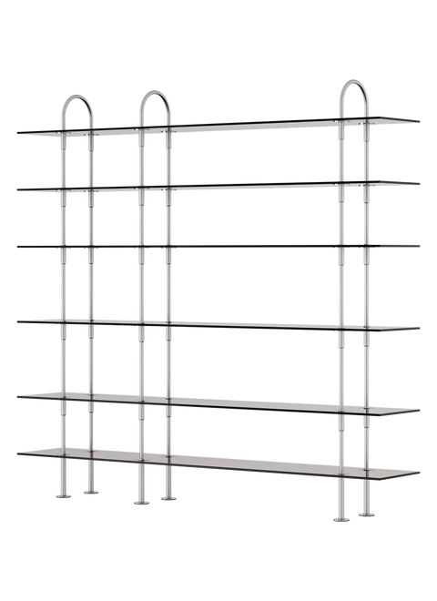 GUBI Keen Shelving System, six 208 cm shelves in satin stainless steel and smoked tempered glass, three-quarter view