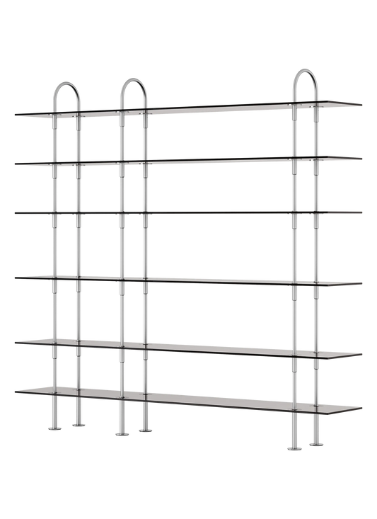 GUBI Keen Shelving System, six 208 cm shelves in satin stainless steel and smoked tempered glass, three-quarter view