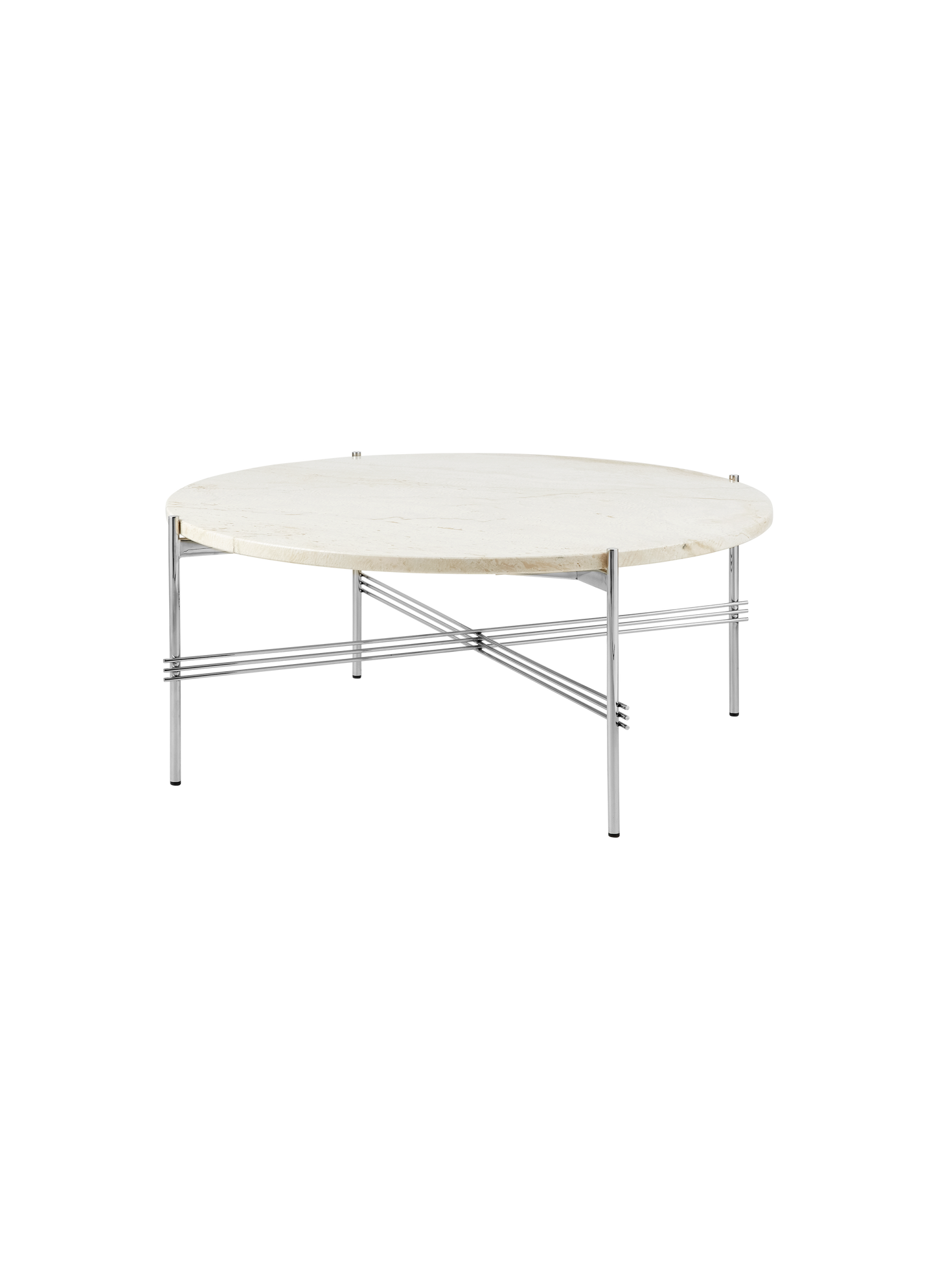 TS Coffee Table, Round — F3Q TS Coffee Table 80 Polished Steel Neutral White Travertine