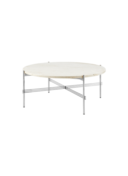 TS Coffee Table, Round — F3Q TS Coffee Table 80 Polished Steel Neutral White Travertine