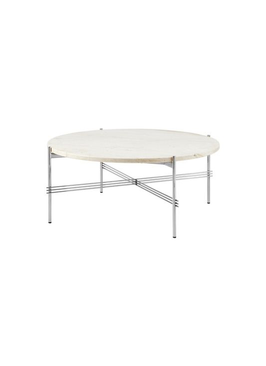 TS Coffee Table, Round — F3Q TS Coffee Table 80 Polished Steel Neutral White Travertine